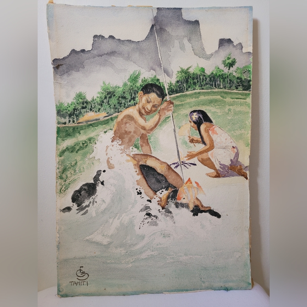 Vintage Watercolor from Tahiti - Tahitian Tiki Polynesian